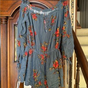 Free People Blue Floral Peasant Off The Shoulder Bohemian Romper. Size Small